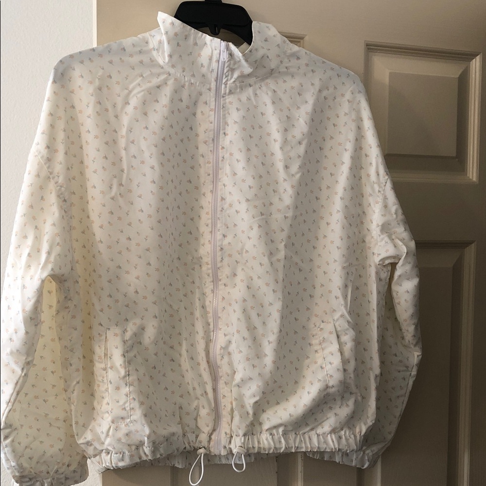 Lightweight White Floral Zip-Front Windbreaker Jacket